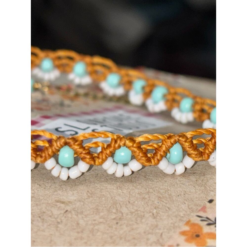 Handcrafted Daisy Seed Bead Choker Necklace Macrame Gold Turquoise  Jewelry - Picture 2 of 3